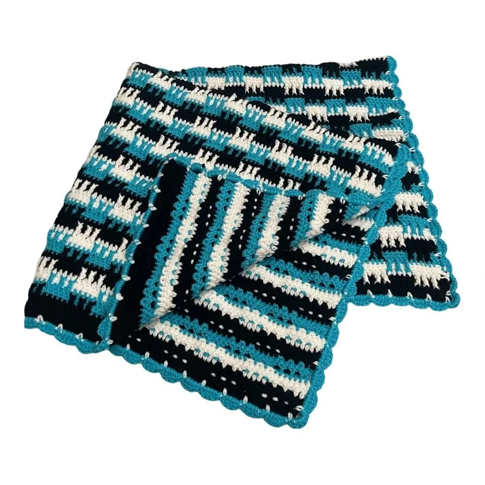 Hand Crochet Teal White Black Acrylic Baby Blanket 38”W x 40”L